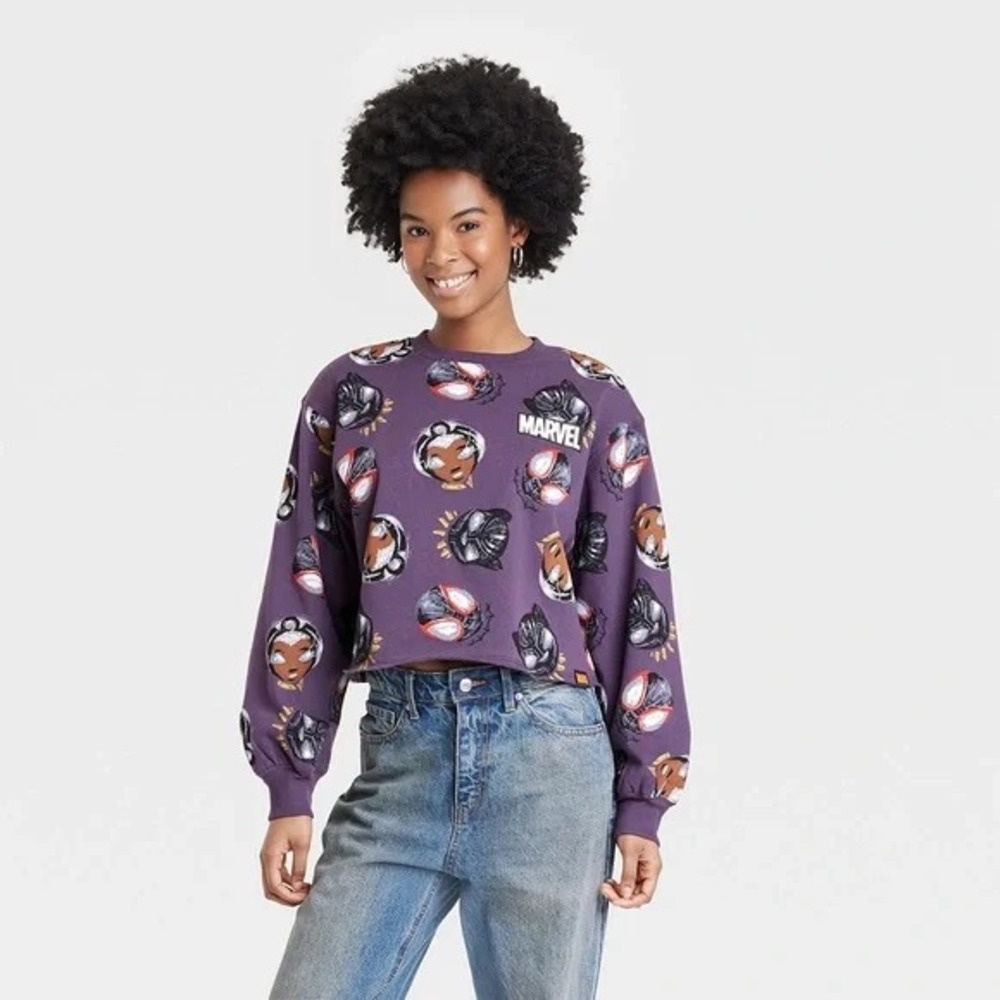 Marvel Artist Series Cropped Purple‎ Sweatshirt Large Super Heros Nikkolas Smith